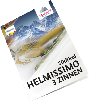 Helmissimo – Broschüre mit Skifahrer und Dolomiten